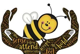 cartoon Bee sits on Hands, illustration