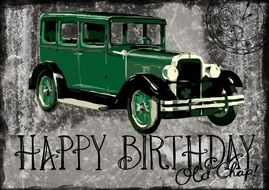 Birthday greeting card with green retro car