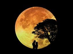 Lovers, silhouette of couple at full moon, collage