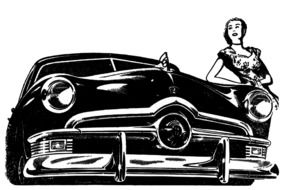 Drawing of girl leaning on Vintage ford car