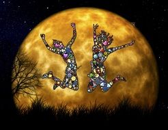 a multi-colored image of happy people on the background of the moon