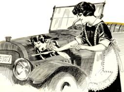 vintage drawing of a woman near a car