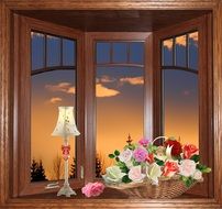 painted basket of flowers and a lamp on the windowsill