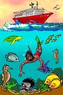 Diver Sea Ship Fish Ocean