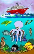 graphic image of a funny diver among the underwater world