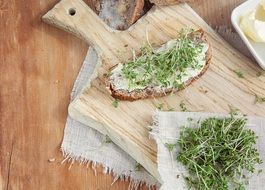 Cress bread with butter and herbs on a wooden board