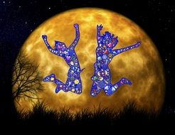 silhouettes of happy jumping people at night