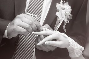 the bridegroom puts the ring on the hand of the bride