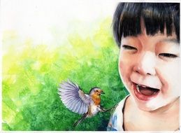 watercolor drawing of an asian girl with bird