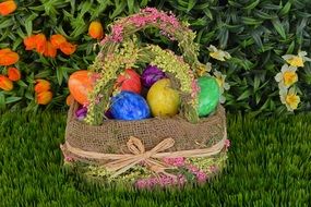 Easter eggs in a bright basket in the garden