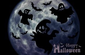drawn ghosts and bats on the background of the moon