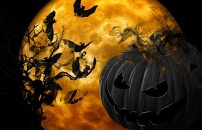 scary pumpkin and bats on the moon background