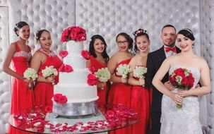 newlyweds and bridesmaids at a colorful wedding