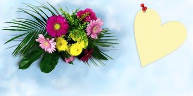 Bouquet and pined up heart form, greeting card