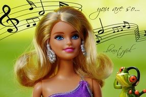 Barbie and toy frog at green background with music notes