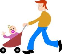 cartooned father with baby in buggy