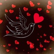 silhouette of a dove on the background with hearts