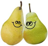 two pears with faces