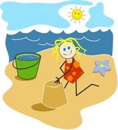 cartoon with a small girl playing on the beach