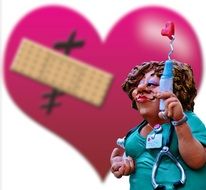 clipart of the funny figurine of a nurse on the background of a broken heart