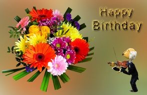 clipart of Birthday greeting card with flower bouquet and violinist