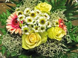 bouquet of roses, daisies and gerberas