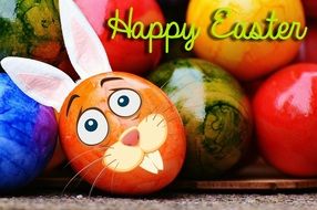 happy easter, orange Easter egg with rabbit ears, greeting card