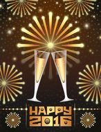 Happy 2016, greeting Card with champagne glasses