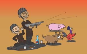 cartoon drunk soldiers among farm animals