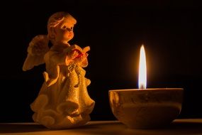 Praying Angel figure at burning candle in darkness