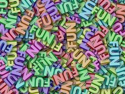 Fun, colorful words in pile, 3d render, background