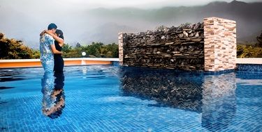 honeymoon trip, happy couple hugging in pool, Dominican Republic, santo domingo