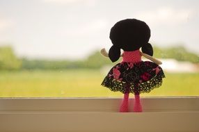 doll in a magnificent dress on the window