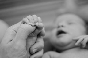 Black and white photo of holding fingers of the newborn baby