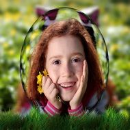 redhead happy girl on green meadow, easter collage