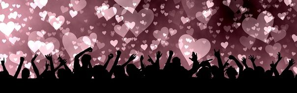 silhouette of a crowd of people on a background of hearts