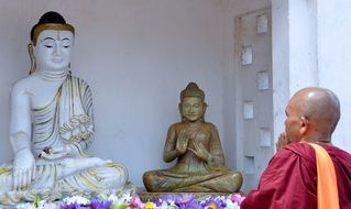 monk prays near the buddha statue