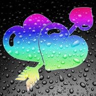 two bright hearts and arrow, background with drops
