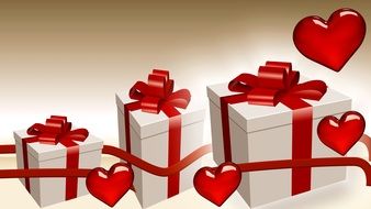 painted gifts with red ribbons and red hearts