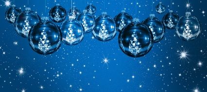 blue starry banner with Christmas tree balls