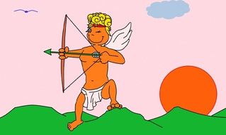 drawing of cupid on a green hill