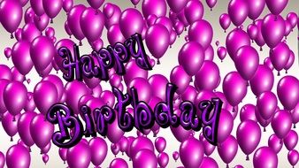 happy birthday greeting on the background of bright purple balloons
