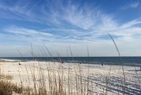 cirrus Clouds above empty sand beach
