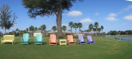 colored beach chairs on the grass