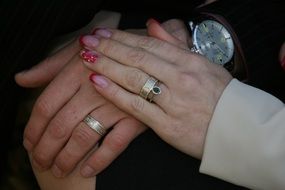 wedding rings on caucasian male and female hands