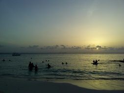 people swim at sunset in the sea