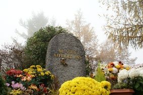 flowers near a tombstone in a cemetery