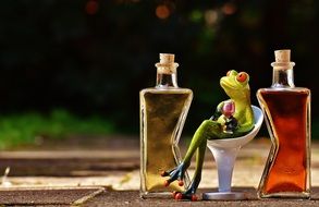 toy Frog with goblet sits on chair between colorful Bottles