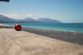 red Apple on the beach of the ocean and mountains