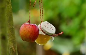 Apple and jar hanging on threads outdoor